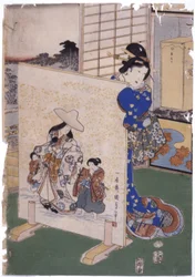 Femme derrière un tsuitate avec peinture de "Kunisada"