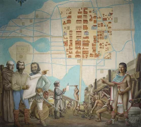 Trois hommes debout dans une construction, Mexico, Mexique