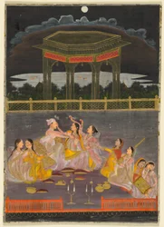 Un prince célébrant Holi avec des femmes du palais sur une terrasse la nuit, vers 1760 (aquarelle opaque et or sur papier)
