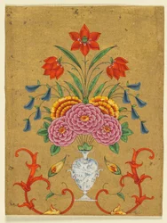 Vase avec composition florale et rinceaux, vers 1750-1800 (aquarelle opaque avec or sur papier)