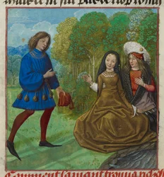 Le Amant rencontrant Richesse (Wealth) tiré du Roman de la Rose par Guillaume de Lorris et Jean de Meun, c. 1490-c. 1500