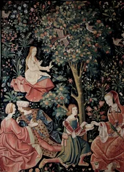 Le rideau de la Vie Seigneuriale : Scènes Galantes Tapisserie en laine et soie réalisée vers 1520 aux Pays-Bas