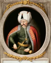 Empire ottoman : portrait du neuvième sultan ottoman Selim I dit le terrible ou le cruel (1470-1520). Miniature. Topkapi Sarayi, Istanbul