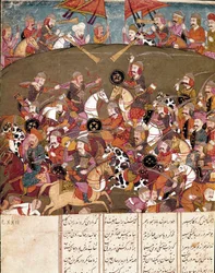 Art islamique : scène de bataille. Miniature persane tirée d