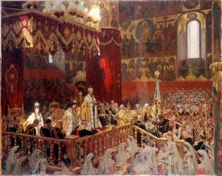 Couronnement de Nicolas II en 1896 dans la cathédrale de la Dormition à Moscou - peinture russe anonyme