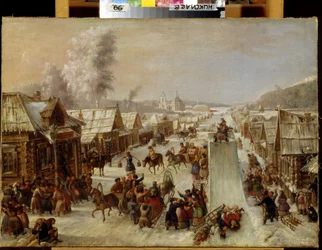 Mardi gras. Scène de festivités traditionnelles et de réjouissances populaires dans une rue enneigée d