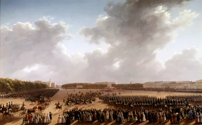 Parade sur le Champ de Mars, au premier plan Alexandre Pouchkine et Nicolas Ier à cheval allant vers l