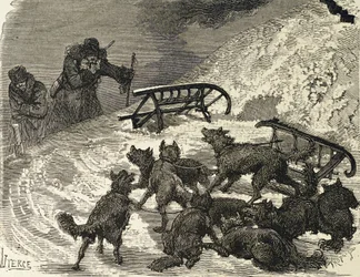 Sibérie. Traîneau renversé, artiste russe (gravure)