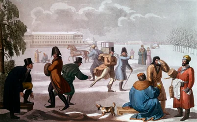 Patineurs à Saint-Pétersbourg. Lithographie, école russe