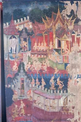Peintures murales de la chapelle Buddhaisawan représentant le Bouddha revêtant une tenue royale afin d
