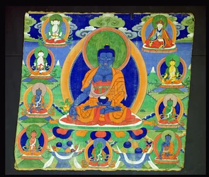 Peinture Thangka montrant le Bouddha de la Médecine, Bhaishajyaguru (Menla) tibétain