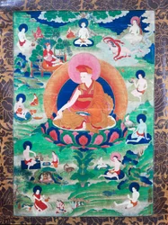 Le Lama Rje-grags Rtod Iha-pa-pa-wang Graps avec halo et entouré de nombreux mahasiddha (yogis), ayant vécu en Inde et au Tibet (7e-11e siècle), gouache sur toile