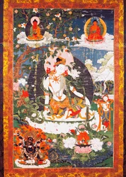 Le bodhisattva Avalokitesvara Padmapani assis, tanka ou thangka (bannière bouddhiste), civilisation tibétaine