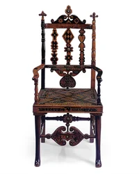 Fauteuil ouvert incrusté et sculpté avec un patchwork de diverses phrases, début du 19ème siècle