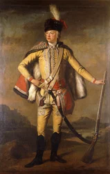 Portrait de John Lindsay, 20e comte de Crawford et Lindsay, en uniforme de hussard, tenant un mousquet à silex, avec un paysage en arrière-plan, vers 1745
