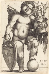 Génie féminin tenant un blason