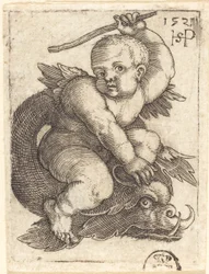 Génie sur un dauphin, chevauchant vers la droite