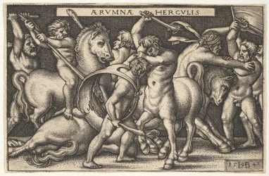 Hercule avec sa massue au centre combattant un centaure, d