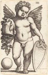 Génie mâle tenant un blason