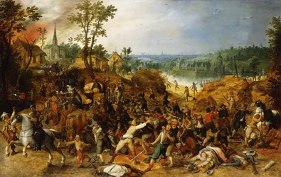 Un paysage avec des maraudeurs attaquant un convoi et pillant un village