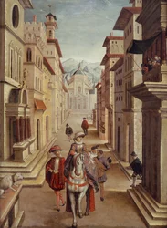 Figures élégantes dans une rue de la Renaissance italienne