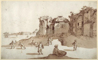 Jeunes hommes jouant à la pelote dans les thermes de Dioclétien; S. Bernardino au loin; le long mur de Bellaiani