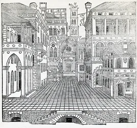 Scène magique, décor théâtral de Sebastiano Serlio (1475-1554), illustration du Traité d