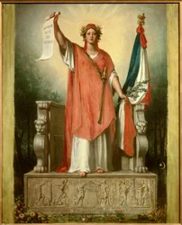 La république. Personnification de la République (Marianne) portant un parchemin sur lequel est écrit « souveraineté du peuple » et le drapeau tricolore