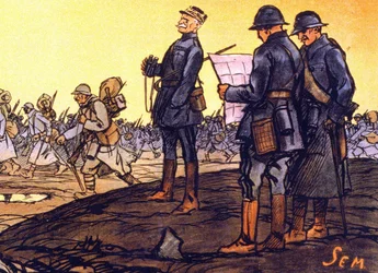 Le général Ferdinand Foch (1851 - 1929) regarde ses troupes traverser le champ de bataille. Détail d
