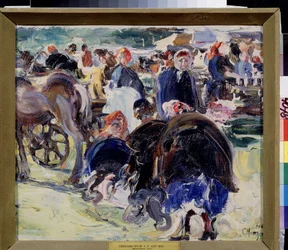 Une foire. Place de marché en province avec des paysannes et des commerçants. Peinture de Semyon Gavrilovich Nikiforov (1877-1912)