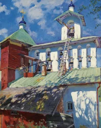 Vue du clocher du monastère des Grottes de Pskov