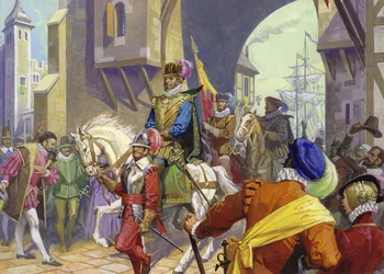 Sir Francis Drake arrivant à Plymouth (gouache sur papier)