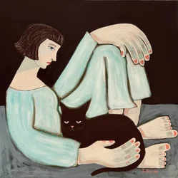Femme pensive, chat noir