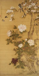 Pivoines, oiseaux et magnolia, rouleau suspendu, dynastie Qing (couleur sur soie)