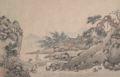 Paysage avec homme traversant un pont