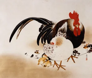 Rouleau suspendu représentant un coq, une poule et des poussins