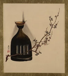 Peintures sur laque de divers sujets : branche de prunier avec lampe à huile