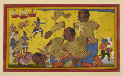 Kumbhakarṇa est tué par Rāma ; les alliés se réjouissent tandis que Vibhīṣaṇa pleure.