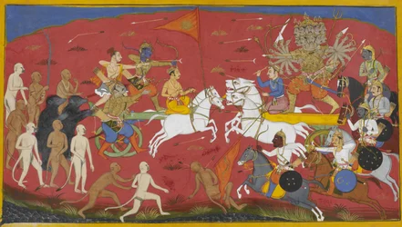 Les chars de Rama et de Ravana chargent, les chevaux de Ravana se transformant en lions.