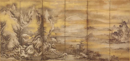 Japonais : 『式部輝忠筆 四季山水図屏風 室町時代 』 Paysage des quatre saisons, une paire (Asian Art Museum B60D49+)
