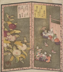 Fleurs de camélia à gauche, personnes assistant à un combat de coqs à droite, vers 1820.