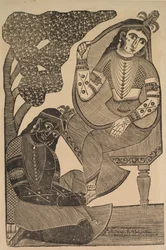Krishna caressant les pieds de Radha, années 1800