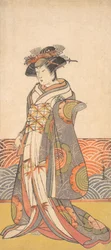 Le Troisième Segawa Kikunojo en Femme Debout dans une Pièce avec un Dado à Motif de Vague, vers 1779