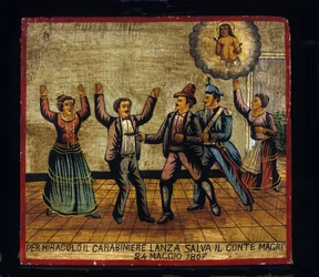 Ex-voto sicilien : « Par miracle, le carabinier Lanza sauve le comte Magri le 24/05/1867 ». Représentation d