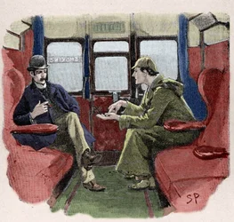 Silver Blaze : illustration de Sidney Paget pour une aventure de Sherlock Holmes. Le célèbre détective est représenté avec le Dr Watson dans un train. Publiée dans «The Strand Magazine». Histoire de Conan Doyle. 1892.