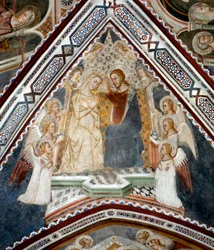 Le Couronnement de la Vierge. Fresque de la chapelle de la Vierge, réalisée par l’école siennoise du XIVe siècle. Monastère Saint-Benoît (Sacro Speco), Subiaco (Rome), Italie