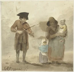 Musicien de rue avec femme et enfants