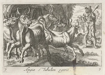 Hercule garde le troupeau de Géryon Augiae stabulum egerit (titre sur l