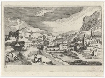 Vue de ville dans une vallée fluviale (Zuid-Europese landschappen, Topographia variarum regionum)