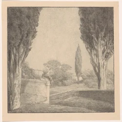 Paysage avec mur et cyprès